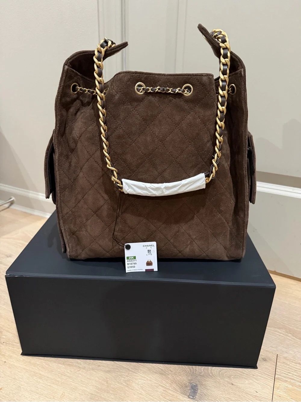 NWT Chanel Medium 25 Hobo Bag Dark Brown Suede Antique Gold Hardware